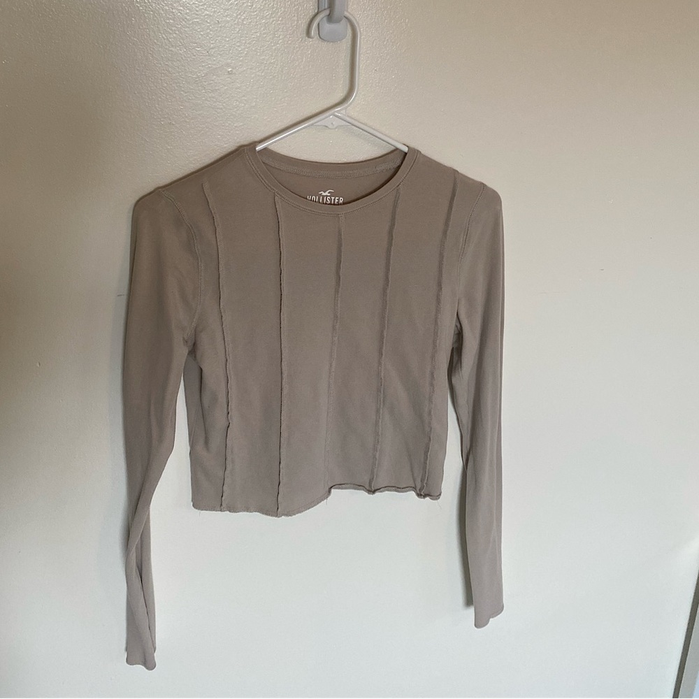 Hollister Beige Slightly Cropped Long Sleeve T Shirt With Exposed Seams